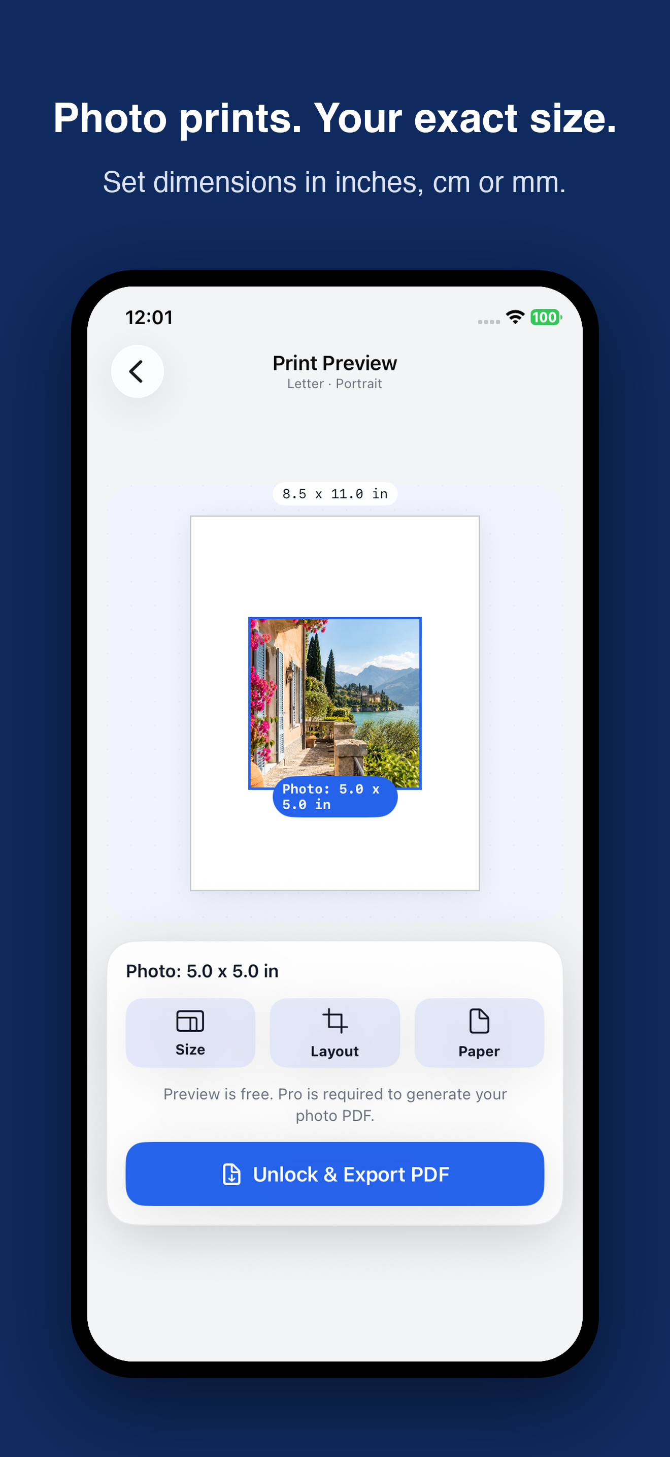 Printmira App Store screenshot showing a 5 by 5 inch photo on Letter paper, with Size, Layout and Paper controls.