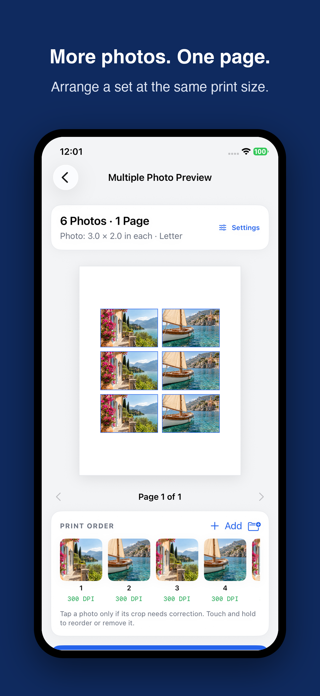 Printmira App Store screenshot showing six photos, each 3 by 2 inches, arranged on one Letter page.