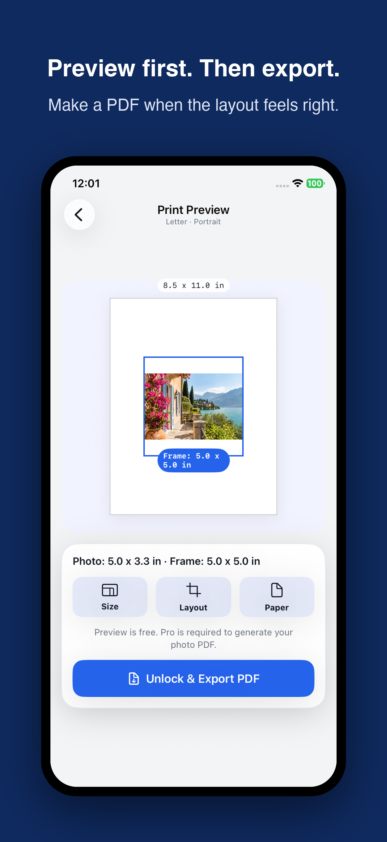 Printmira App Store screenshot showing the photo PDF preview and export workflow.